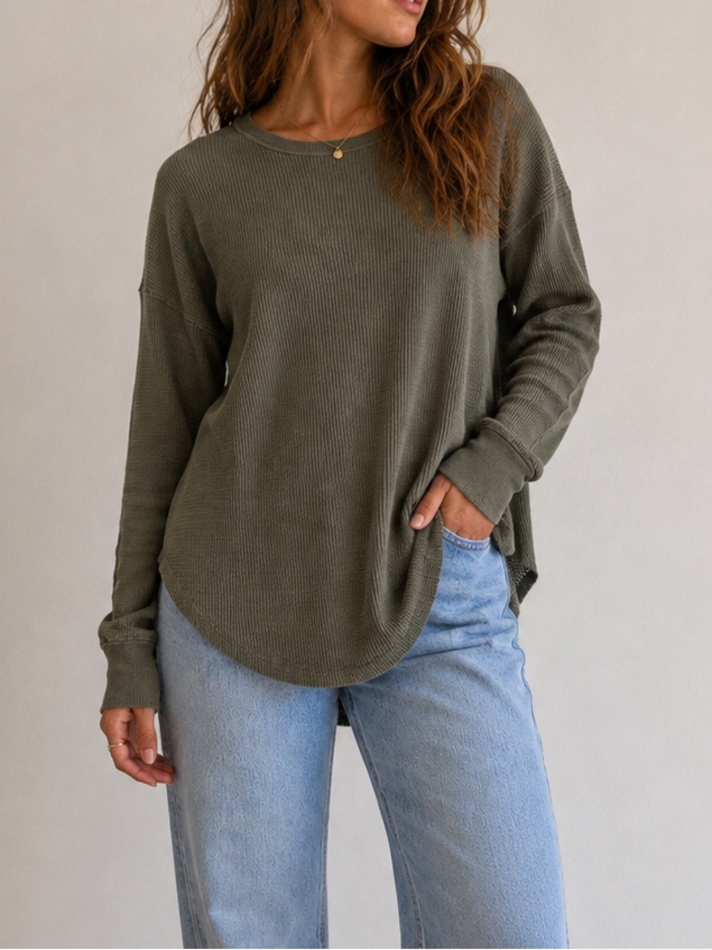 TNA Waffle Knit Olive Long Sleeve Top Slouchy Relaxed Casual Minimalist Lounge - Picture 1 of 9